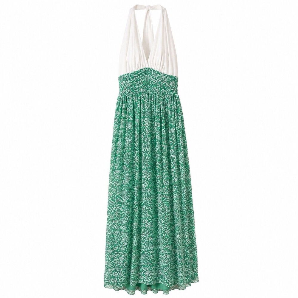 Vtg 1970s Green White Floral Halter Maxi Dress ILGWU Union Made in USA - Picture 3 of 8